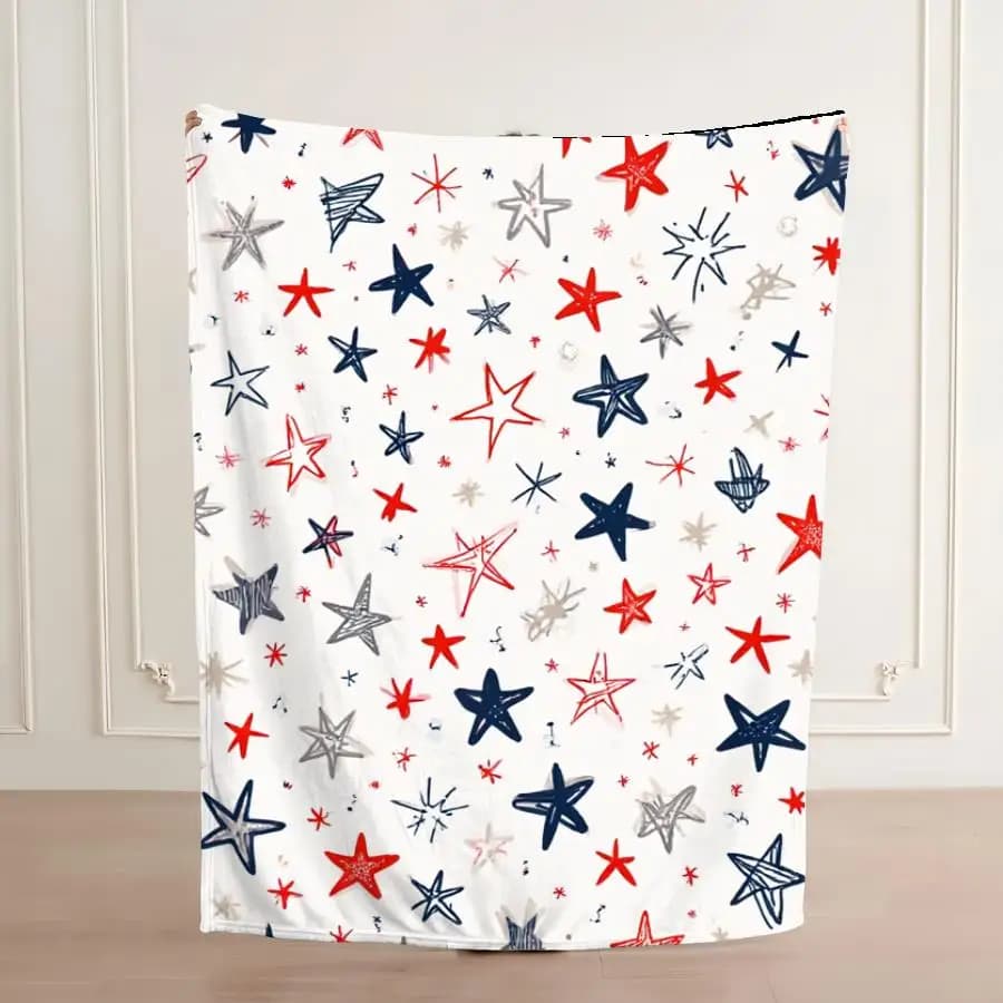 Hand-Drawn Star Flannel Blanket - Red Navy & Gray Suitable for All-Season Warm Throw, Soft Machine Washable Bedspread for Home Decor, Camping, Travel | Cozy Weighted Bedding Gift for,,, Doodle Pattern
