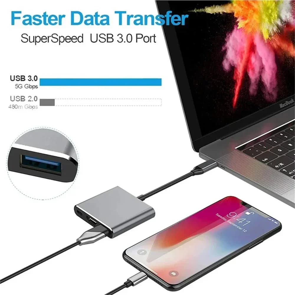 Hub Type-C 3-in-1 con Cavo di Conversione PD, Adattatore Splitter 4K, Docking Station USB C Portatile per Trasferimento Dati