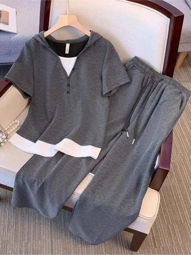 Top a maniche corte primavera estate Set a due pezzi Moda scollo a V Due camicette finte + pantaloni con lacci Completo sportivo da donna per il tempo libero