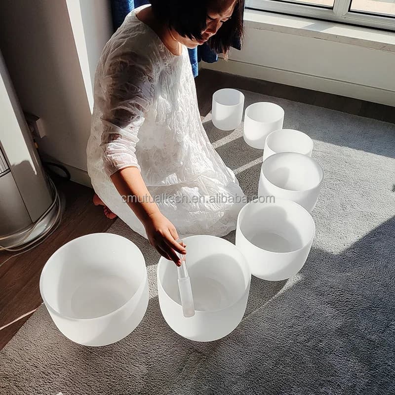 Q're Milkly White Sing Bowls Crystal 7 Pieces 6"~12" Frosted Crystal Quartz Singing Bowl Set Sound Healing Instrument