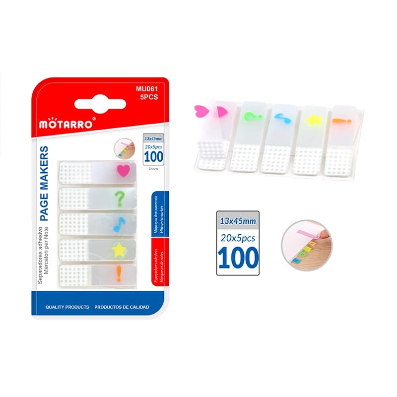 MOTARRO Index Tabs 5 Strips, Segnapagina con simboli fluorescenti 20 fogli in PET trasparente, foglietti adesivi autoadesivi per ufficio e scuola