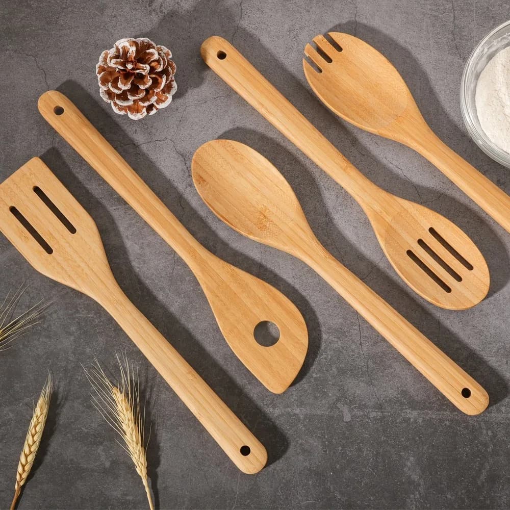 5 Pack Cooking Spoons Kitchen Utensil Set, Non-Scratch Wooden Cookware Spoons for Stirring, Mixing and Serving Foods, Smooth Splinter-Free Durable Design, Easy To Clean Multipurpose Cooking Tools for Nonstick Pans, Daily Home Cooking