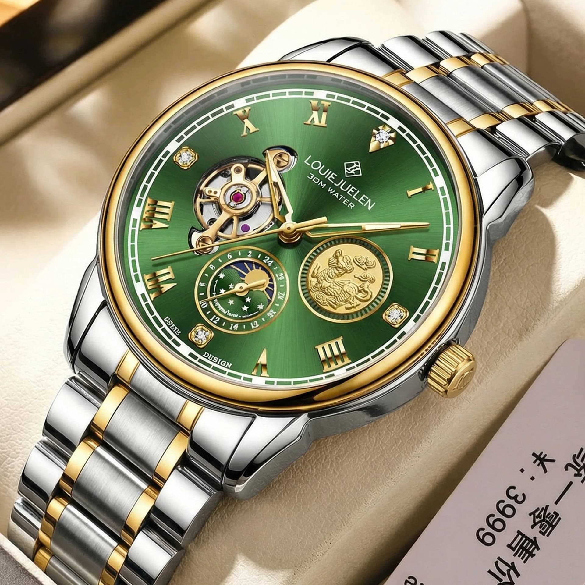 Orologio Automatico da Uomo in Acciaio Inossidabile, Nuova Serie Kirin Verde Dorato, Scheletrato, Luminoso, Impermeabile, con Tourbillon e Carica Automatica