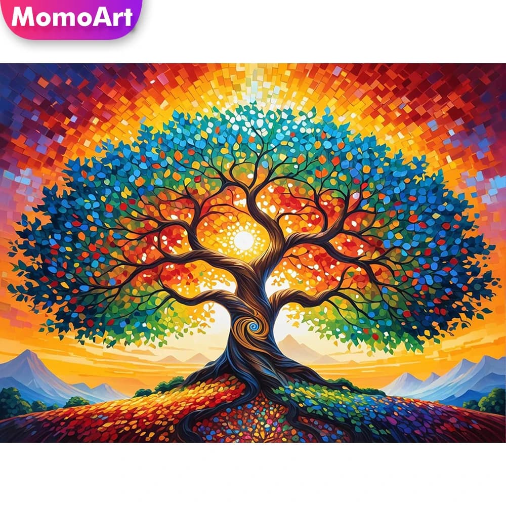 Momoart Nuova Collezione: Kit Pittura Diamante Fai-da-Te con Paesaggio Alberato, Ricamo in Acrilico, Hobby Artigianale Astratto