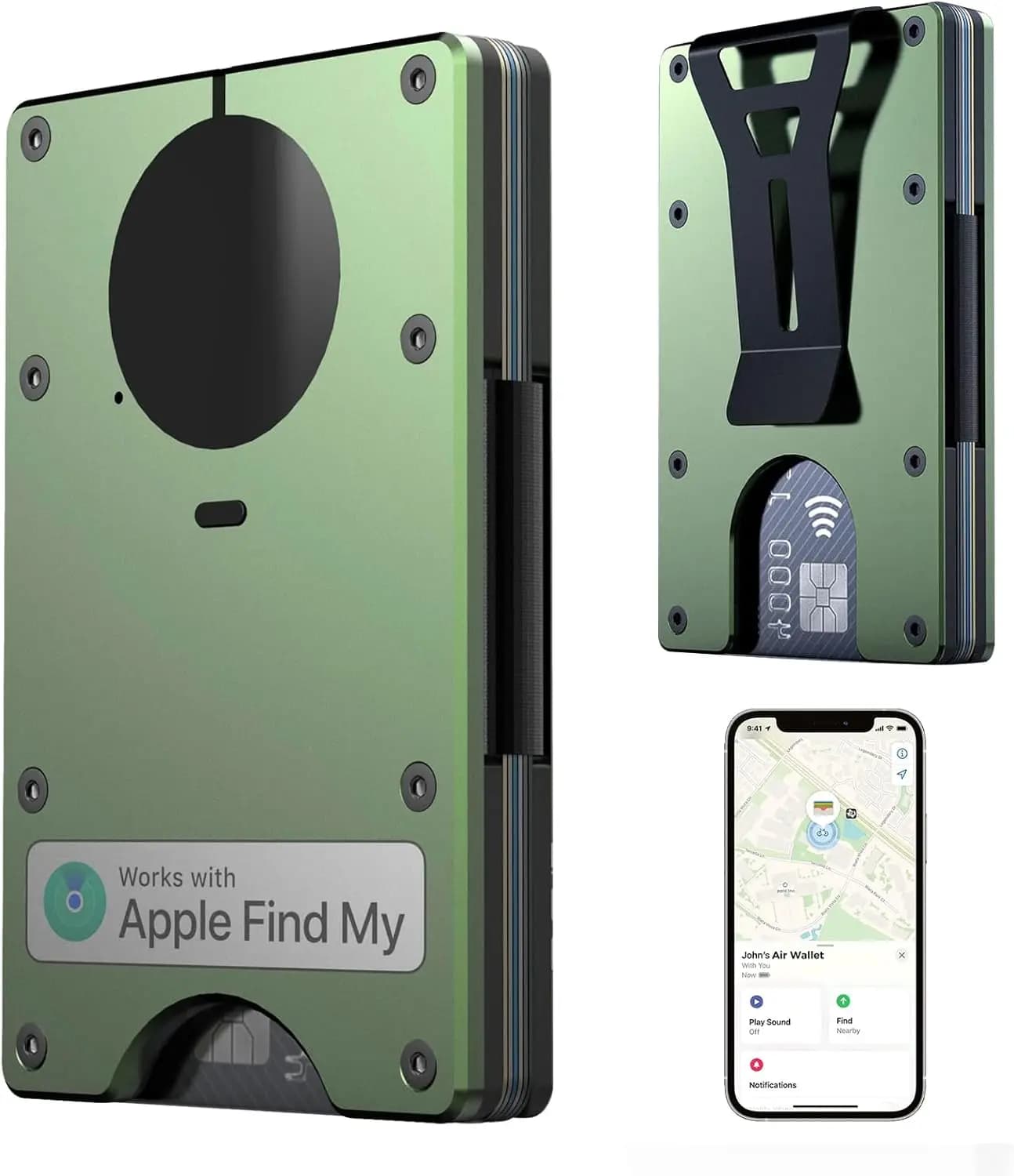 Porta carte di credito con blocco RFID, portafoglio sottile da uomo, compatibile solo con Find My iOS, fermasoldi staccabile