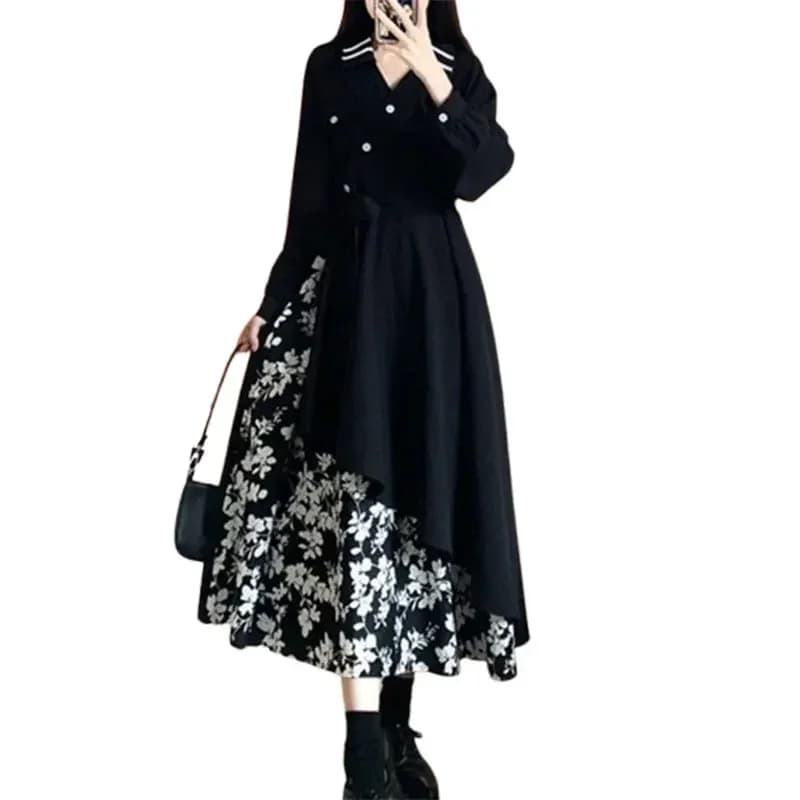 Gonna a trapezio a maniche lunghe a vita alta con scollo a V patchwork con bottoni pop Moda elegante Harajuku Abiti femminili Abiti casual tutti abbinati