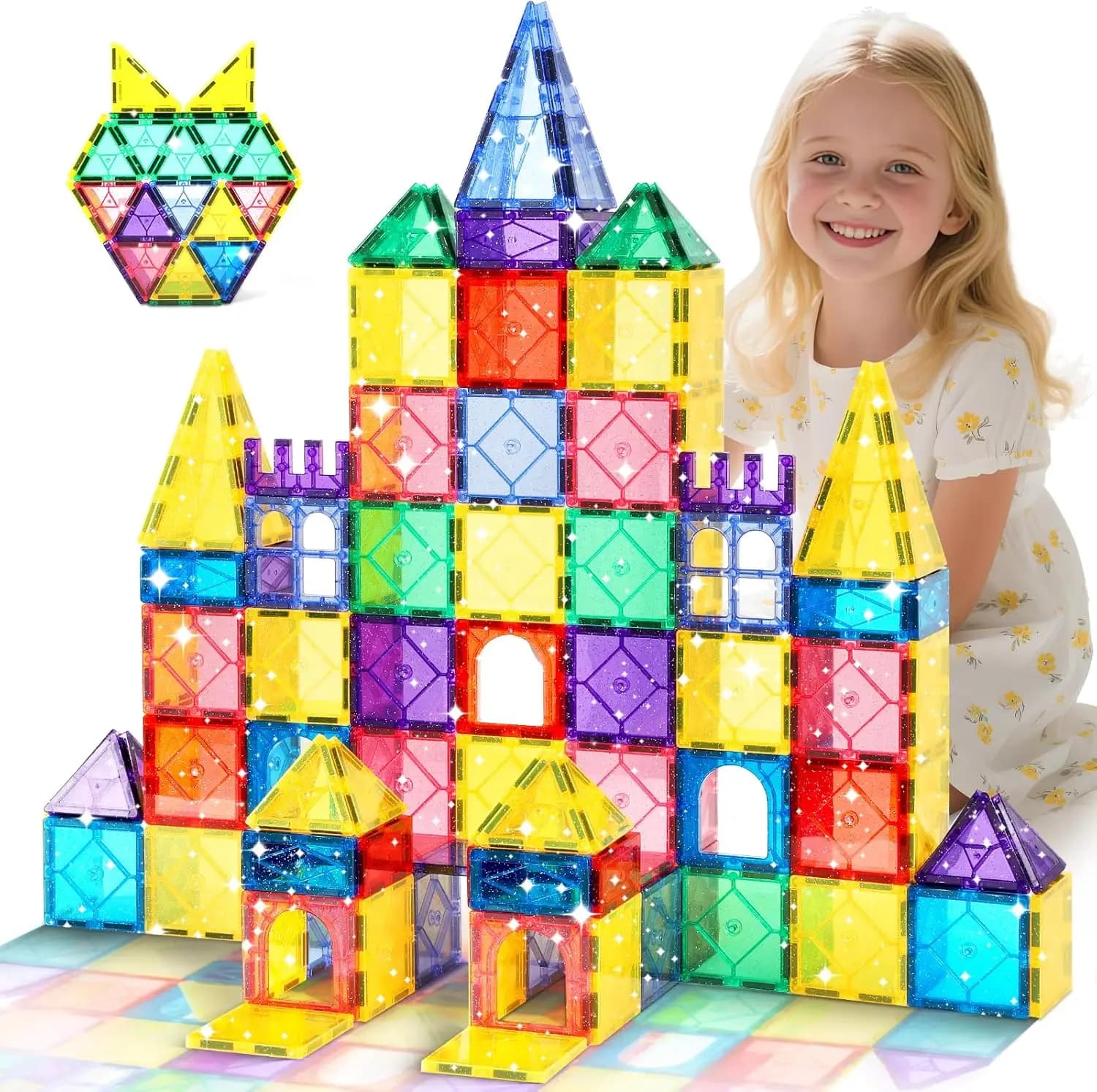 100 Piastrelle Magnetiche con Glitter, Blocchi da Costruzione STEM per Bambini 3-8 Anni, Giocattoli Educativi Sensoriali