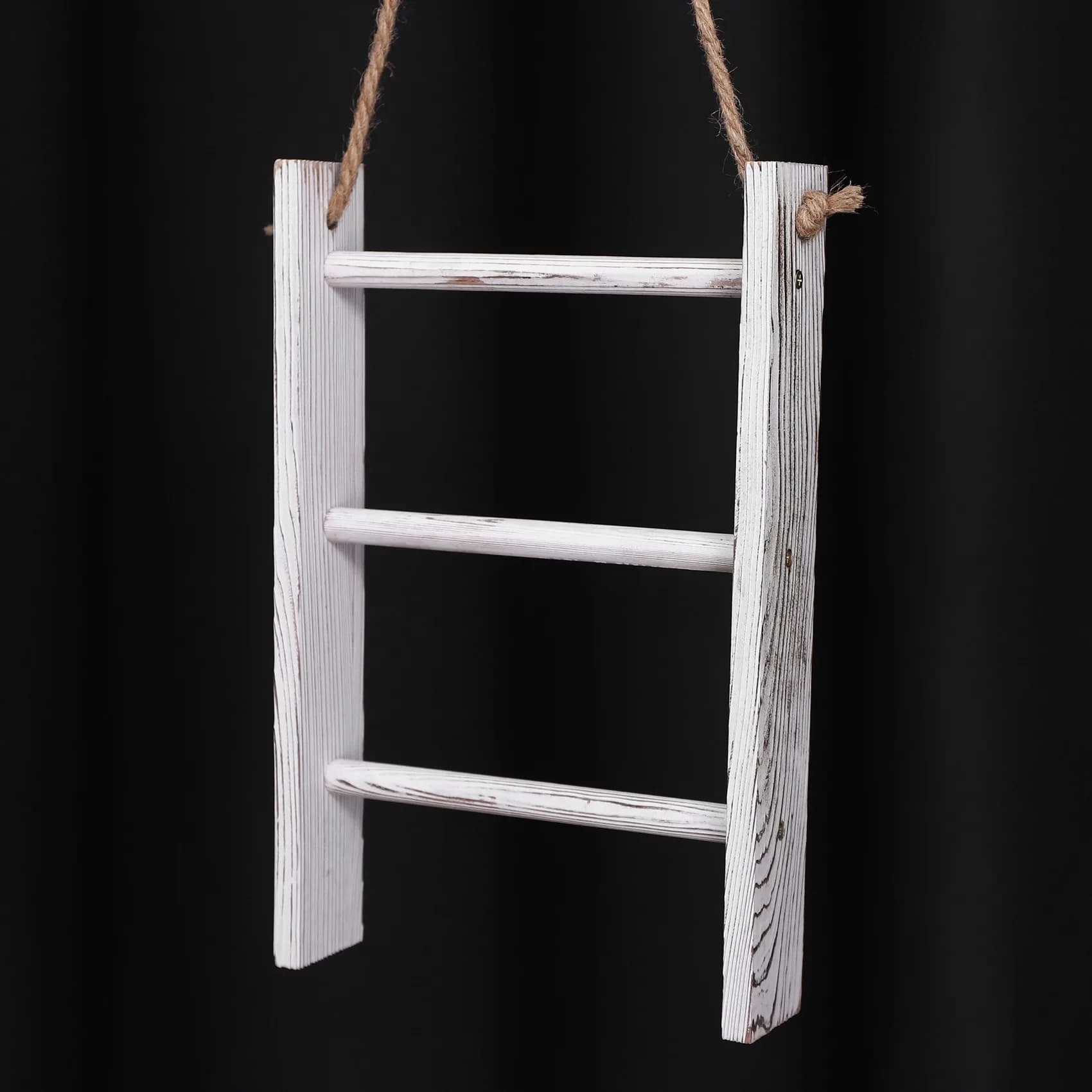 Scala appendi asciugamani da parete facile da usare, in legno rustico sbiancato, stile farmhouse, con corda regolabile