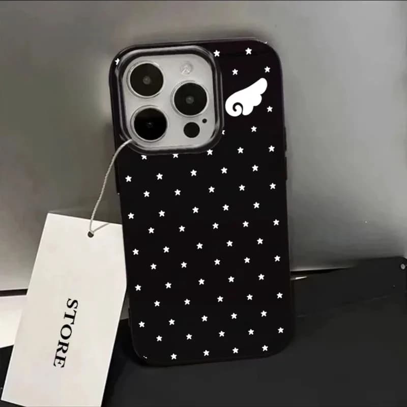 Korean Ins Full Scren Stars Angel Wings Phone Case For iPhone 17 AIR 16 15 14 13 12 11 Pro MAX MINI XR XSMAX 7 8 Plus Y2K Cover