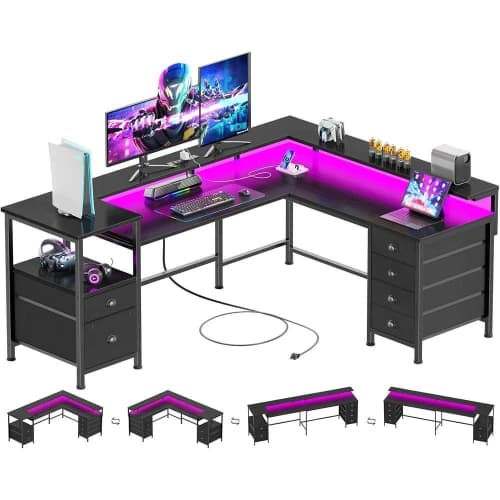 Scrivania da Gaming a L da 66 Pollici, Scrivania Angolare Reversibile con 6 Cassetti, Ripiano per Stampante, Prese di Corrente, Luci LED, Supporto per Monitor, Nera