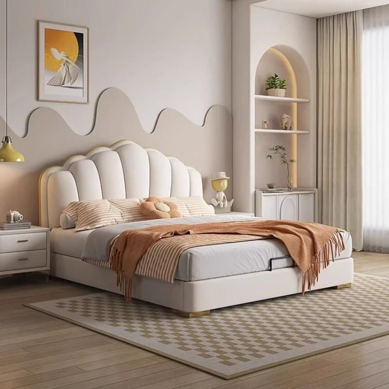 Elegant single bed in cream color, soft and light, modern luxury, simple design, set of bed, furniture.