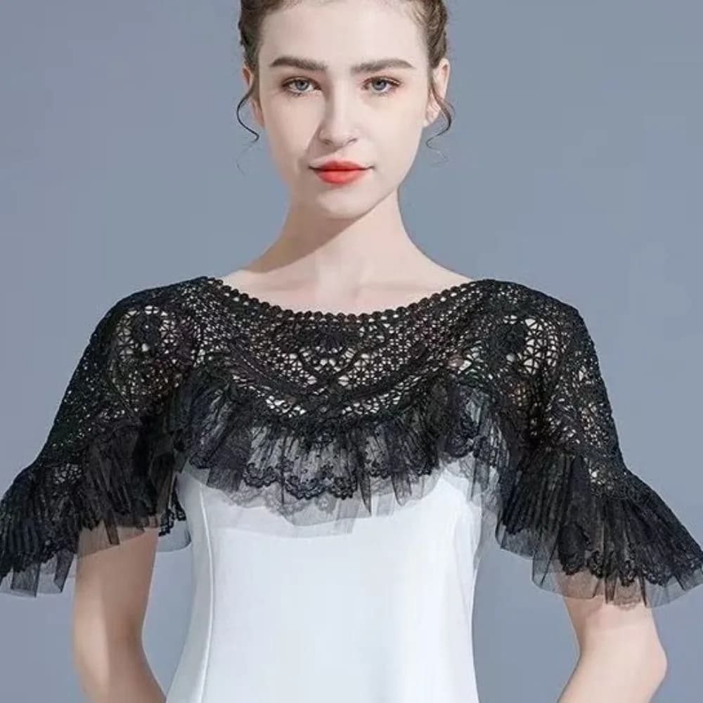 Sciarpa/Cappa da donna bianca a strati, stile vintage, con bordo in pizzo traforato e dettagli in rete, a spalle scoperte, stile Cheongsam