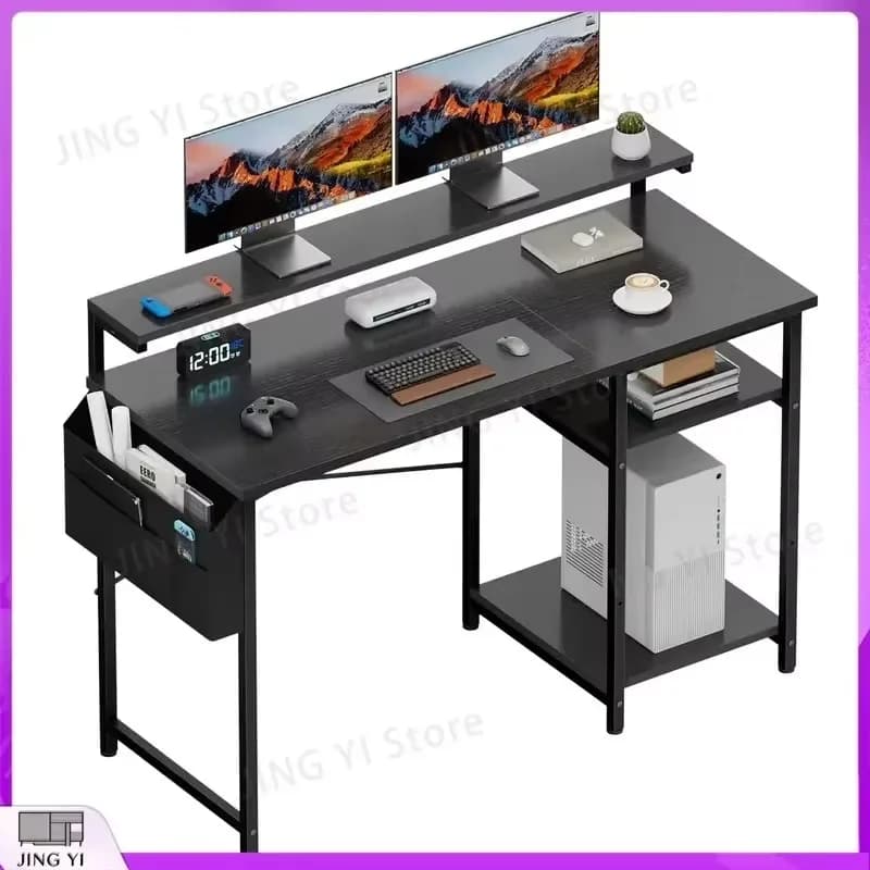 Scrivania per Computer da 100cm/120cm con Luce LED, Supporto Monitor, 2 Ripiani, Borsa Portaoggetti, Postazione di Lavoro per Studio e PC