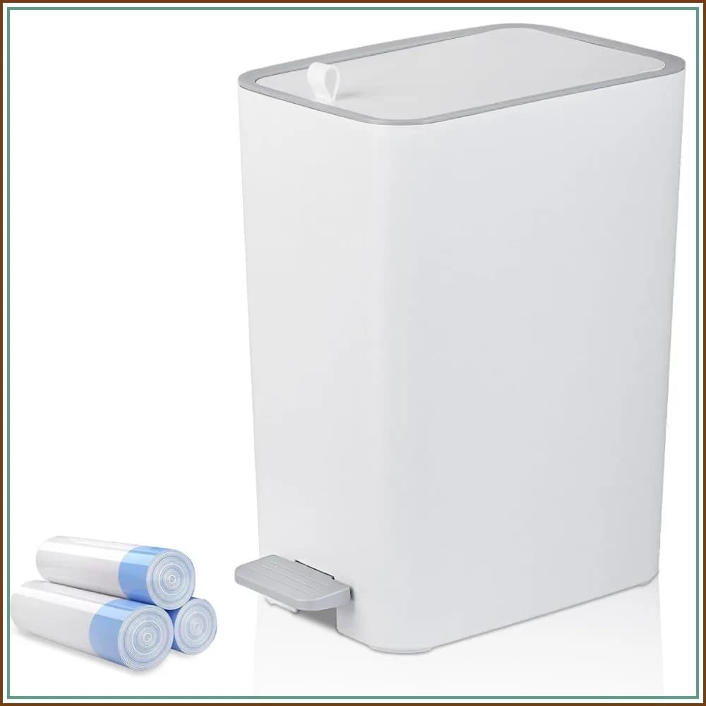2.1 Gallon Step Trash Can with Lid, Slim Bathroom Wastebasket for Bedroom Office, White