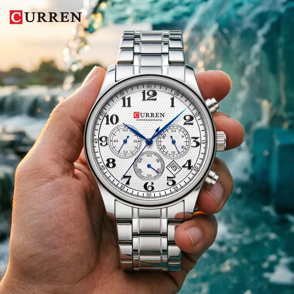 CURREN Orologio da uomo cronografo sportivo alla moda con cinturino in acciaio inossidabile, data automatica, orologio da polso al quarzo casual, Relogio Masculino