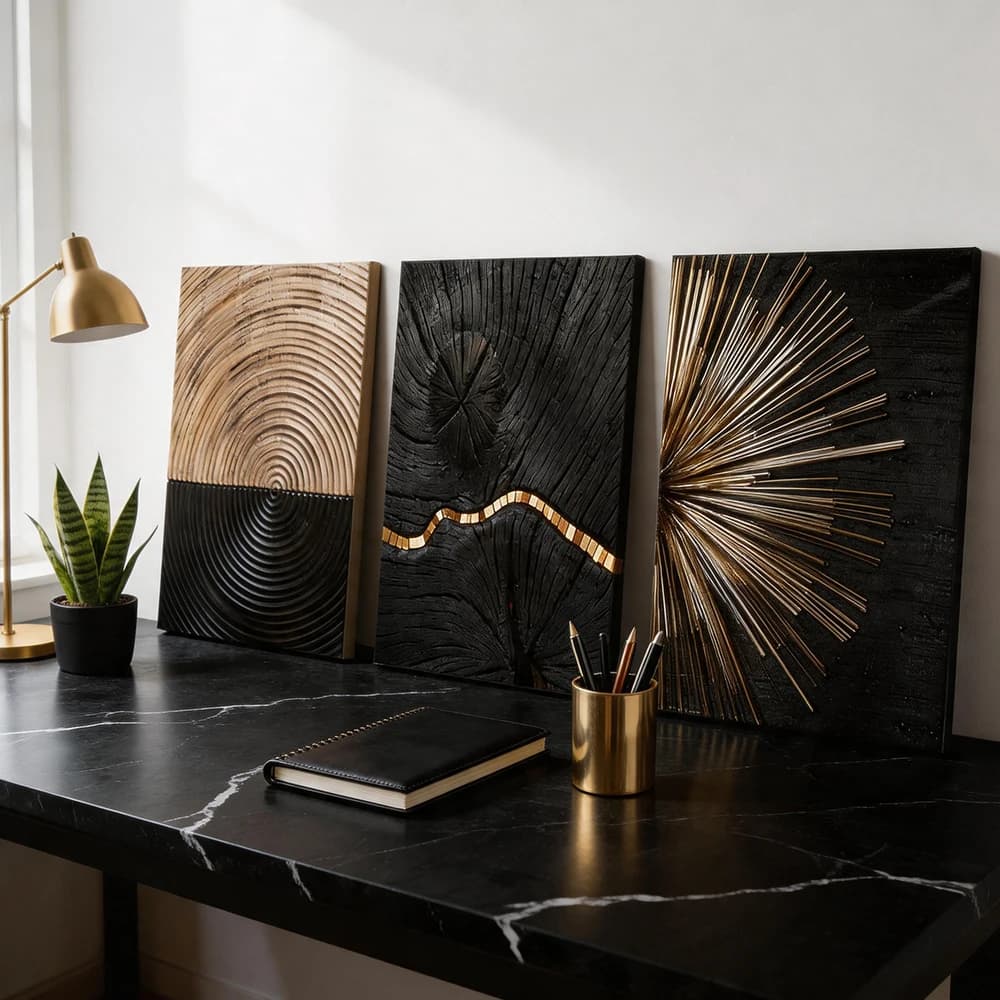 Set di 3 Quadri su Tela con Cornice in Legno, Texture Astratta Nera e Oro, Decorazione per Soggiorno, Camera da Letto, Cucina, Ufficio, Casa