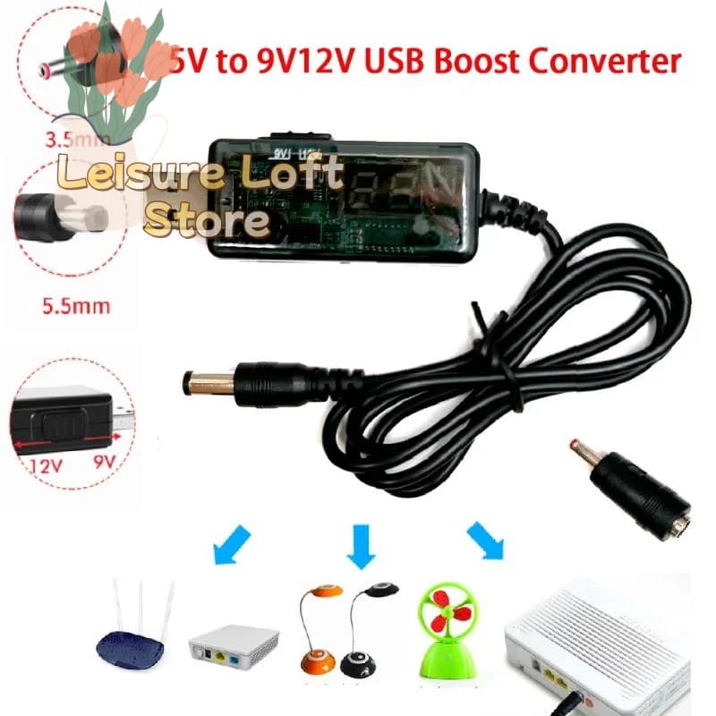 USB 5V to 9V/12V Step-Up Converter Cable with 3.5x1.35mm Connector for Laptops, Hubs & Portable Devices
