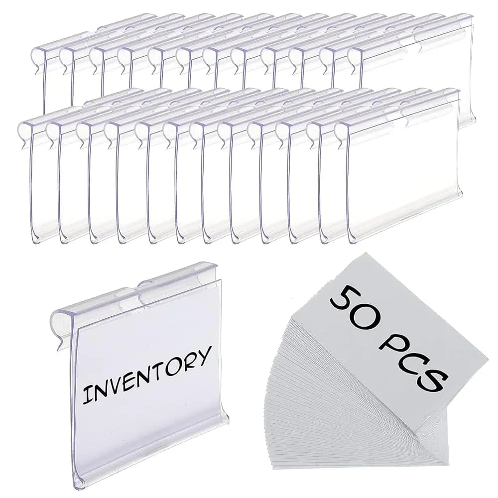 50 etichette per contenitori, clip per etichette in plastica, clip per etichette per cestini, clip per etichette per scaffali in metallo, portaetichette per prezzi, espositore per merci