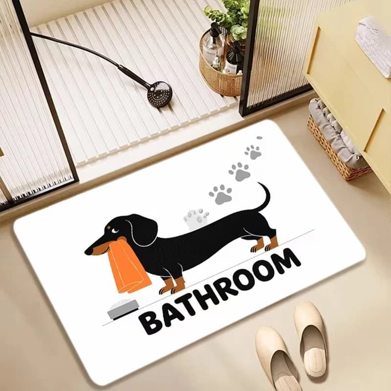 1pc Bath Mat Designed with A Dachshund Holding A Towel and The Word 'BATHROOM', This Non-Slip Mat Is Suitable for Bathrooms
