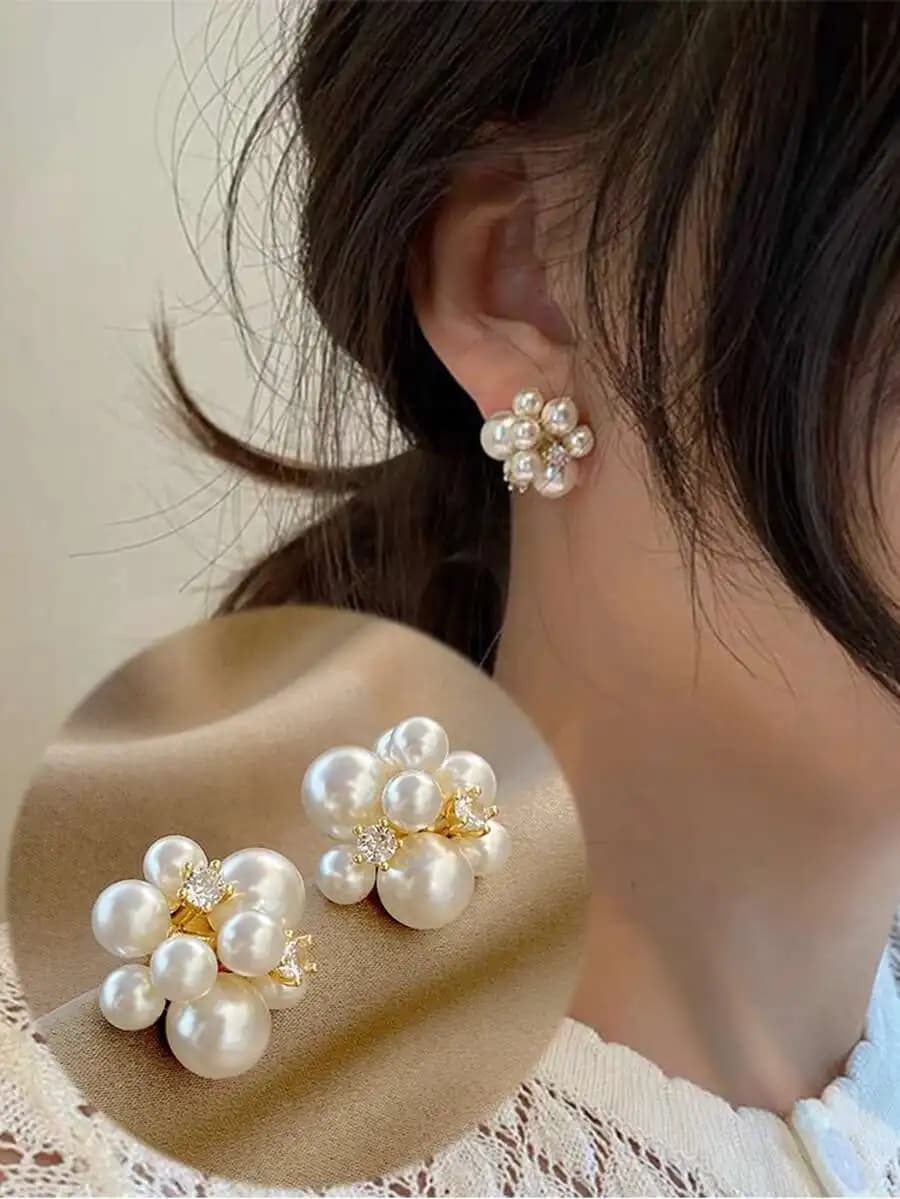 1 Pair Fashion New Pearl Floral Ear Studs, High-End Luxurious Quality Elegant Pearl Jewelry For Women