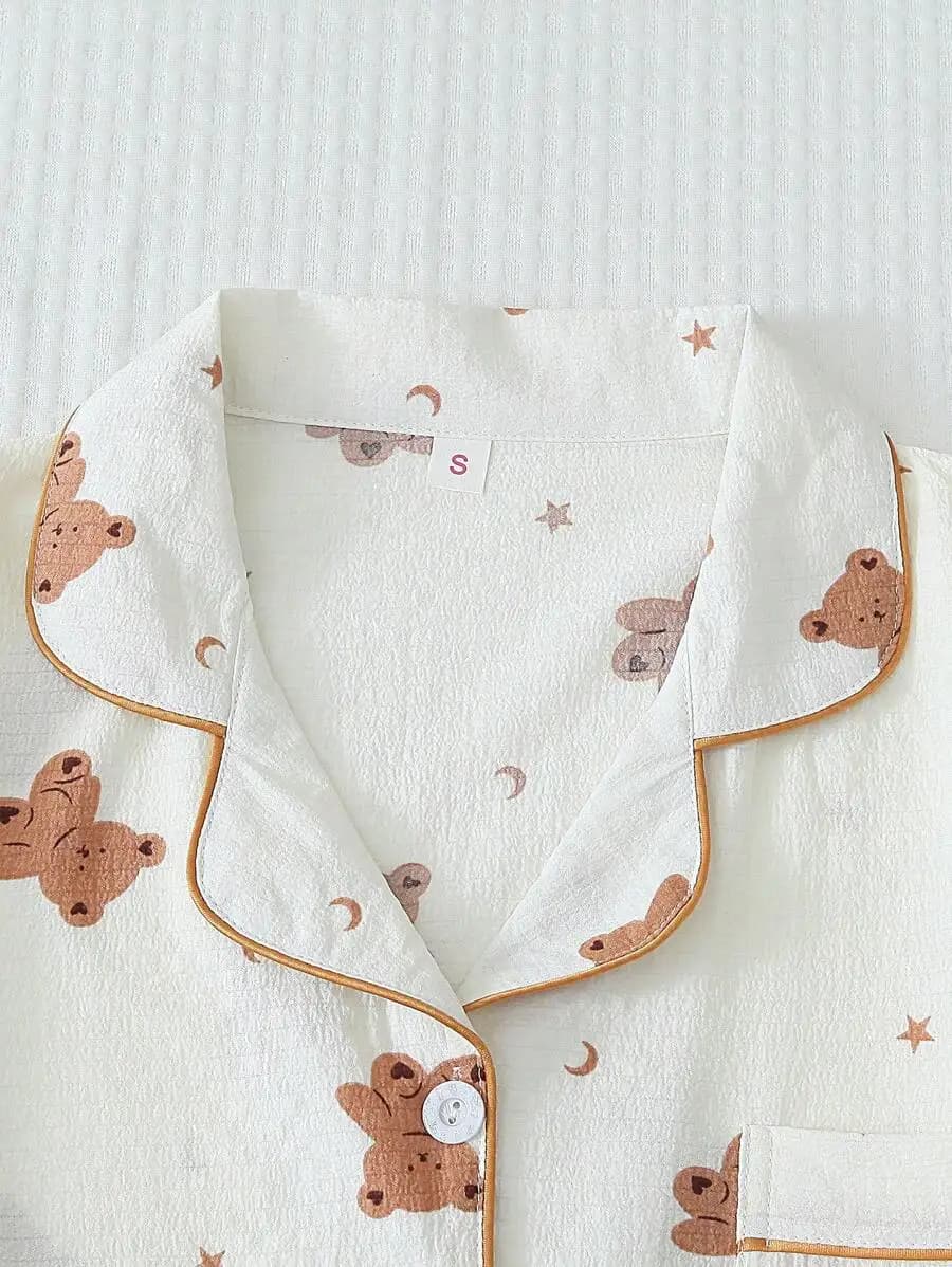 Womens Teddy Bear Print Short Sleeve Button Up Pajama Set Summer Casual Home Wear