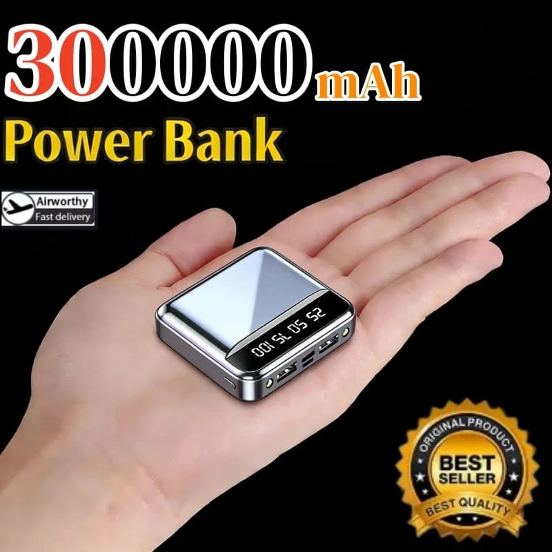 Mini Power Bank Portatile da 300.000mAh con Schermo a Specchio LED Digitale, Batteria Esterna per iPhone Xiaomi Huawei Samsung