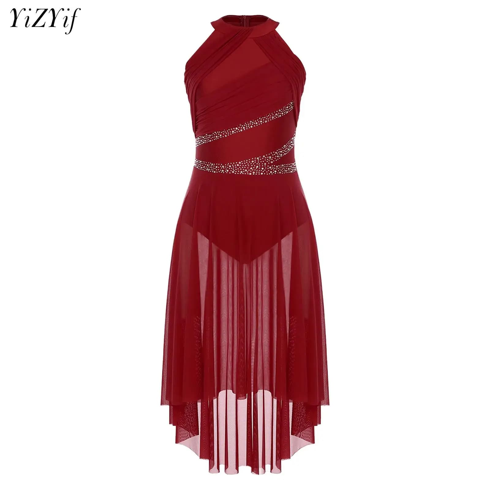 Women Lyrical Ballet Leotard Dance Dress Sheer Mesh Ballroom Figure Skating Performance Dancewear Modern Contemporary Costume