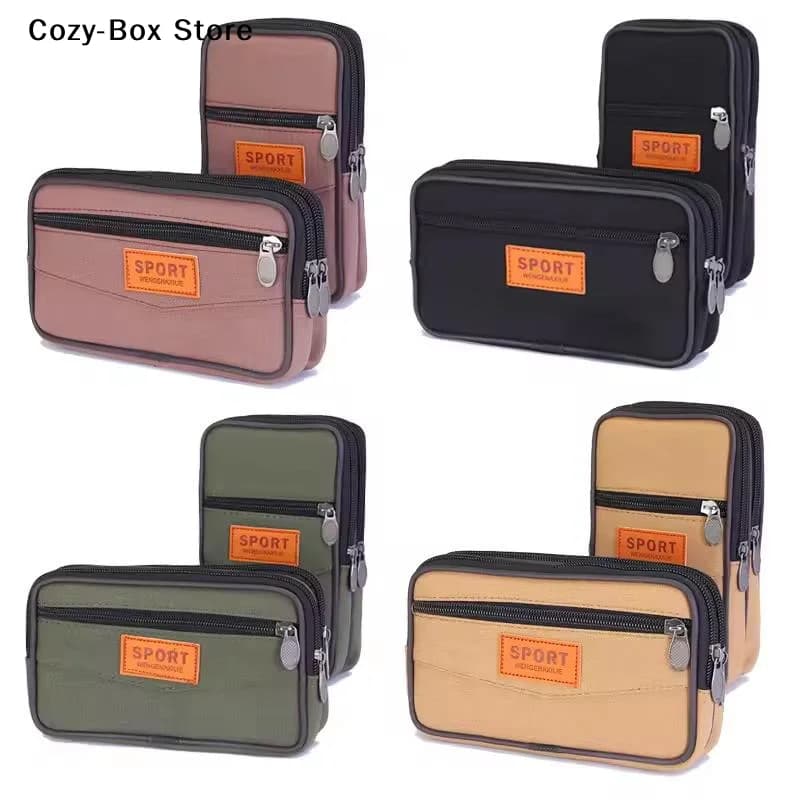 [ZY]Wallet Purse Double Layer Men Phone Bag Belt Pouch Horizontal Mobile Phone Pouch Canvas Casual Men Waist Pack Outdoor Sports