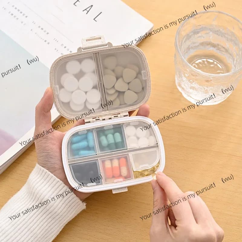 8 compartment storage box Travel pill box for tablets with sealing ring, wheat straw material