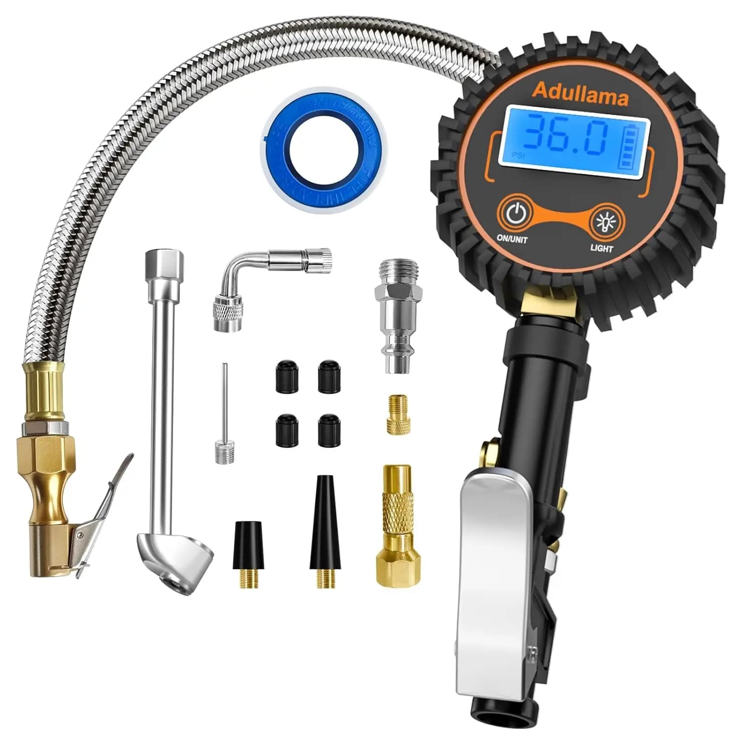 Manometro digitale per pneumatici con gonfiatore, mandrino ad aria da 250 PSI, tubo intrecciato in acciaio, risoluzione 0,1 PSI