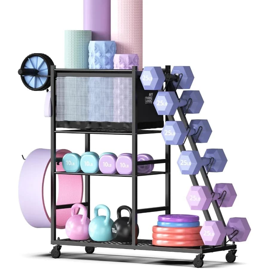 Multifunctional Rack for Home Gym with Wheels for Manubris, Yoga Carpets and Kettlebell, Design Steel Space Grey