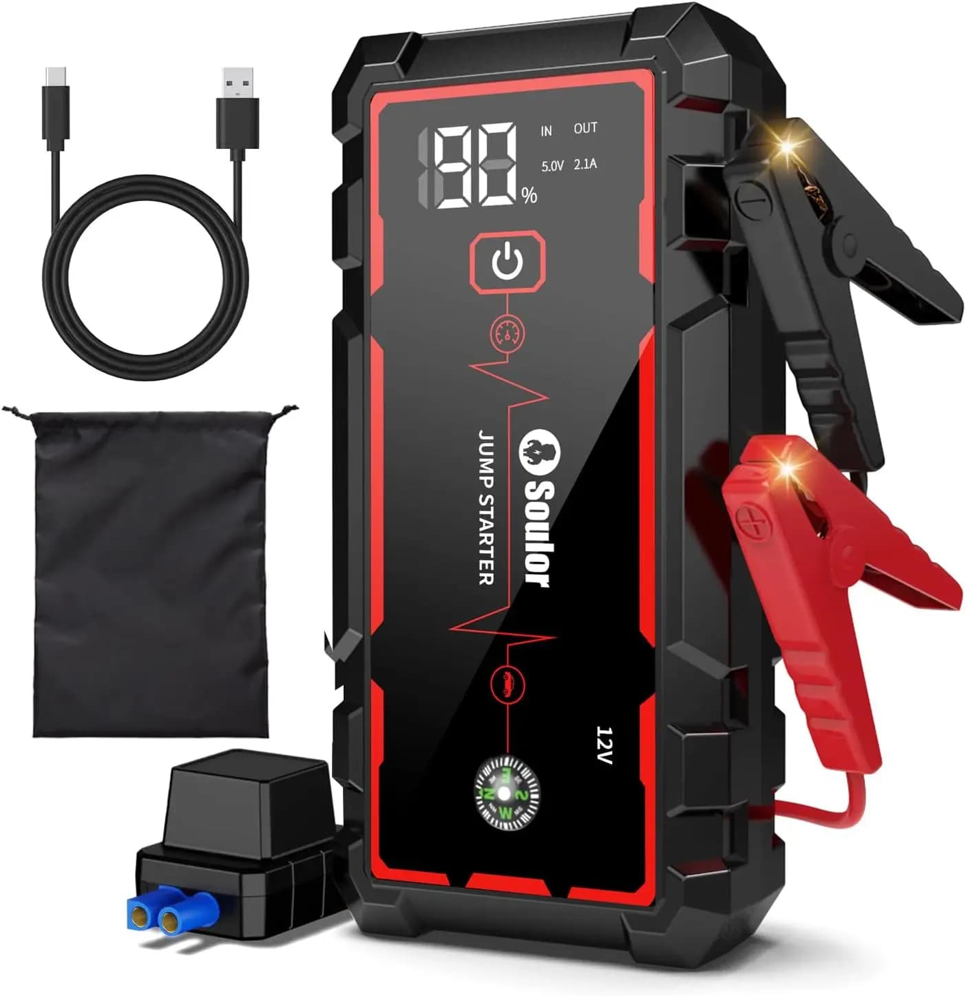 Avviatore di Emergenza Portatile 5000A con Display LED, Luce e Cavi per Motori a Benzina/Diesel
