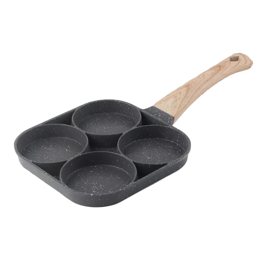 Padella per Uova a 4 Scomparti in Lega di Alluminio Antiaderente con Manico in Legno, Padella Multifunzionale per Colazione, Bacon/Hamburger/Omelette