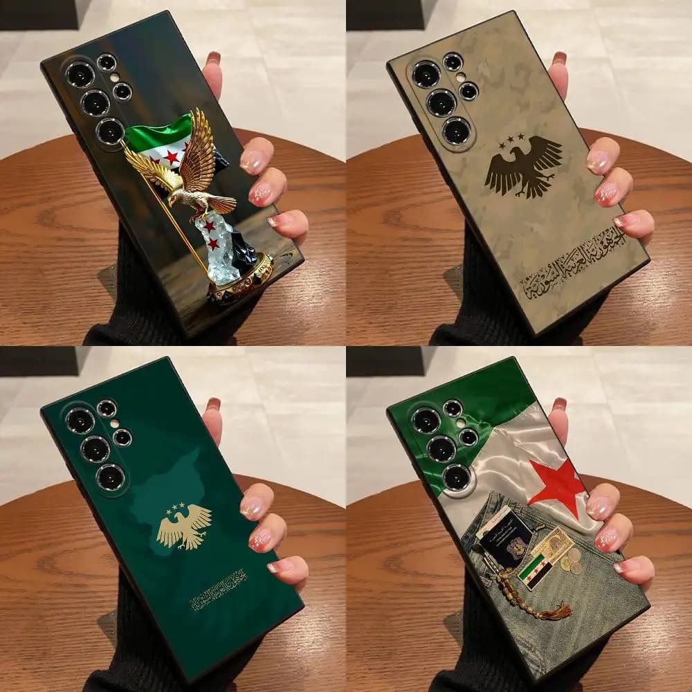 Custodia per telefono con emblema nazionale bandiera dell'aquila della Siria per Samsung S25, S24, S21, S22, S23, S30, Ultra, S20, Plus, Fe, Lite, 5G Cover nera