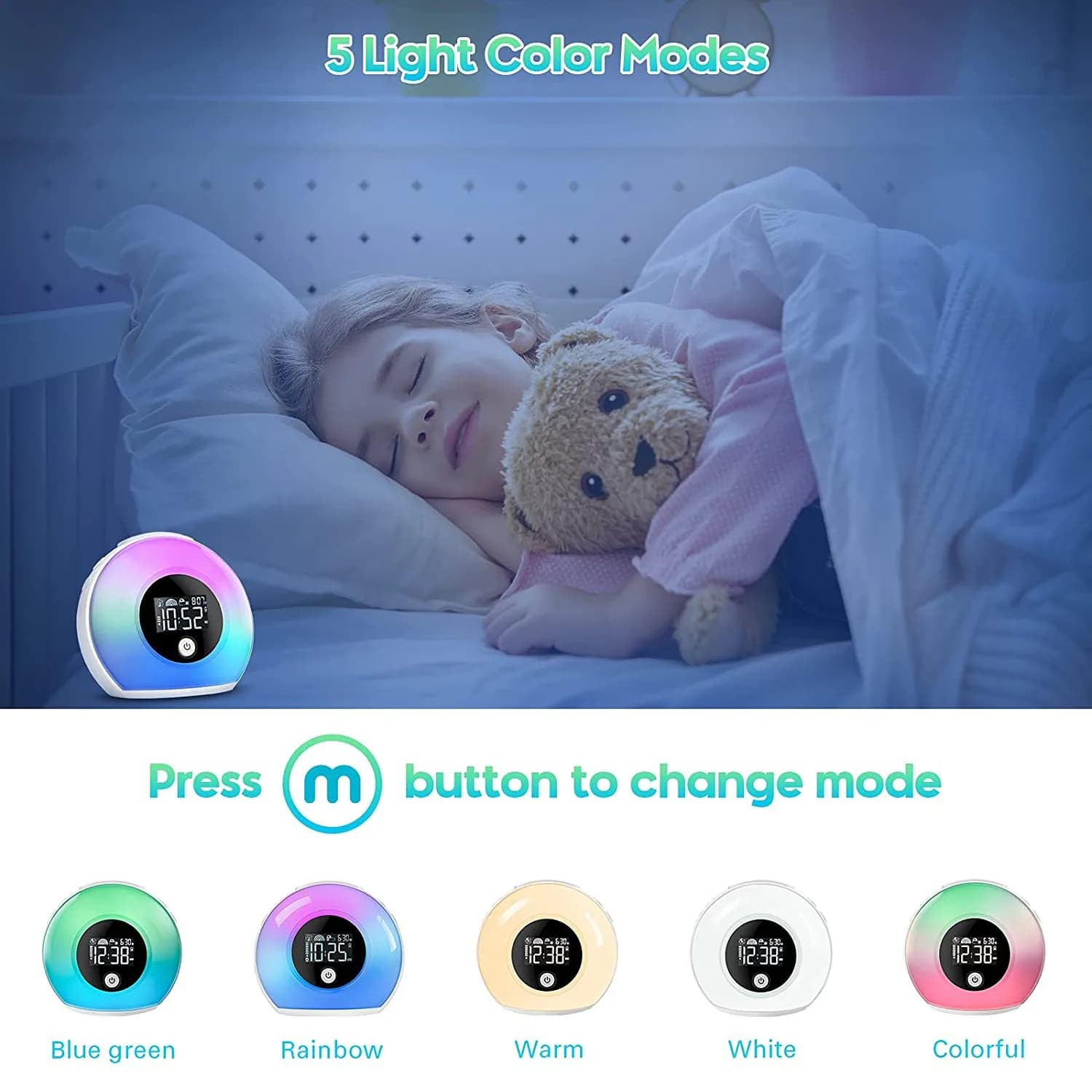 ABVC Night Light Alarm Clock Bluetooth Speaker 5 Colors Wake Up Light Alarm Clock Bedside Colorful LED Digital Clocks Player