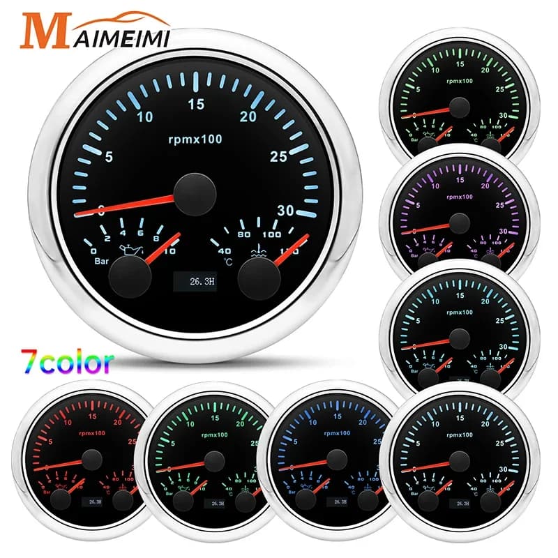 MH 85mm 3 in 1 Gauge Tachometer Water Temp 40-120℃ Oil Pressure 0-10Bar For 12V Car Boat Tacho 8000RPM Meter 7 Color Backlight