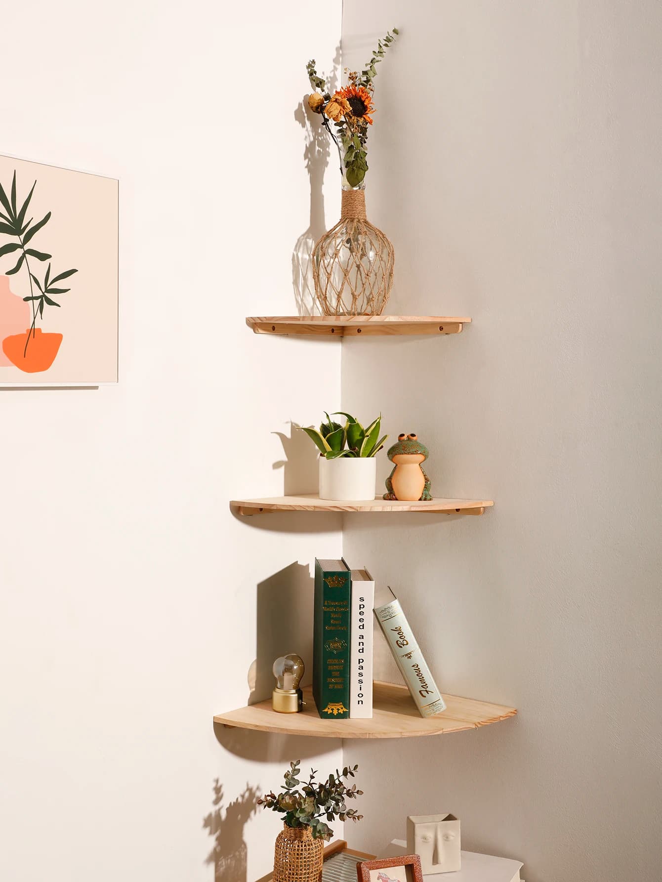 Scalloped Corner Floating Storage Ledge Small Capacity Solid Wood Wall Mounted Decor Rack For Bedroom Living Room Kitchen Dustproof Display Organizer Shelf