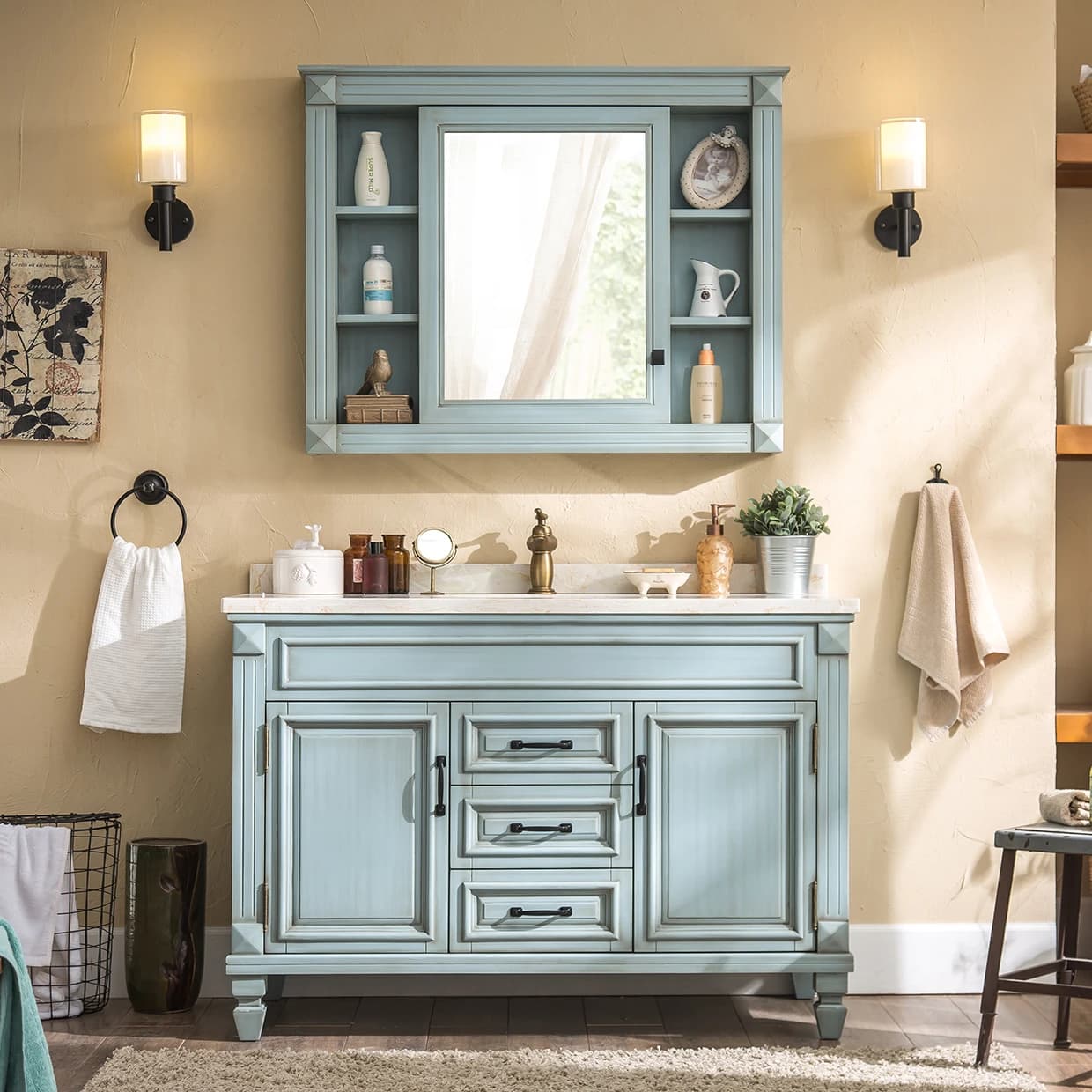 ！@Floating Vanity Modern American Style Oak Wood Floor Standing Bathroom Vanity Furniture Sets Bathroom Cabinet With Mirror