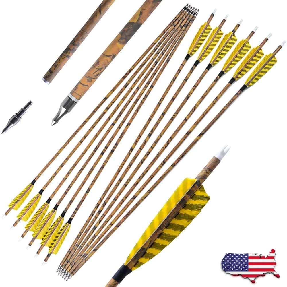 Spine 500 Mixed Carbon Arrows 31.5 Inch OD7.8mm ID6.2mm Camo Arrow Shaft with 4 Inch Shield Turkey Feathers 100 Grain Screw-in Arrowheads 6/12 Pack Fit Compound Recurve Traditional Bow Hunting Target Shooting Accessory
