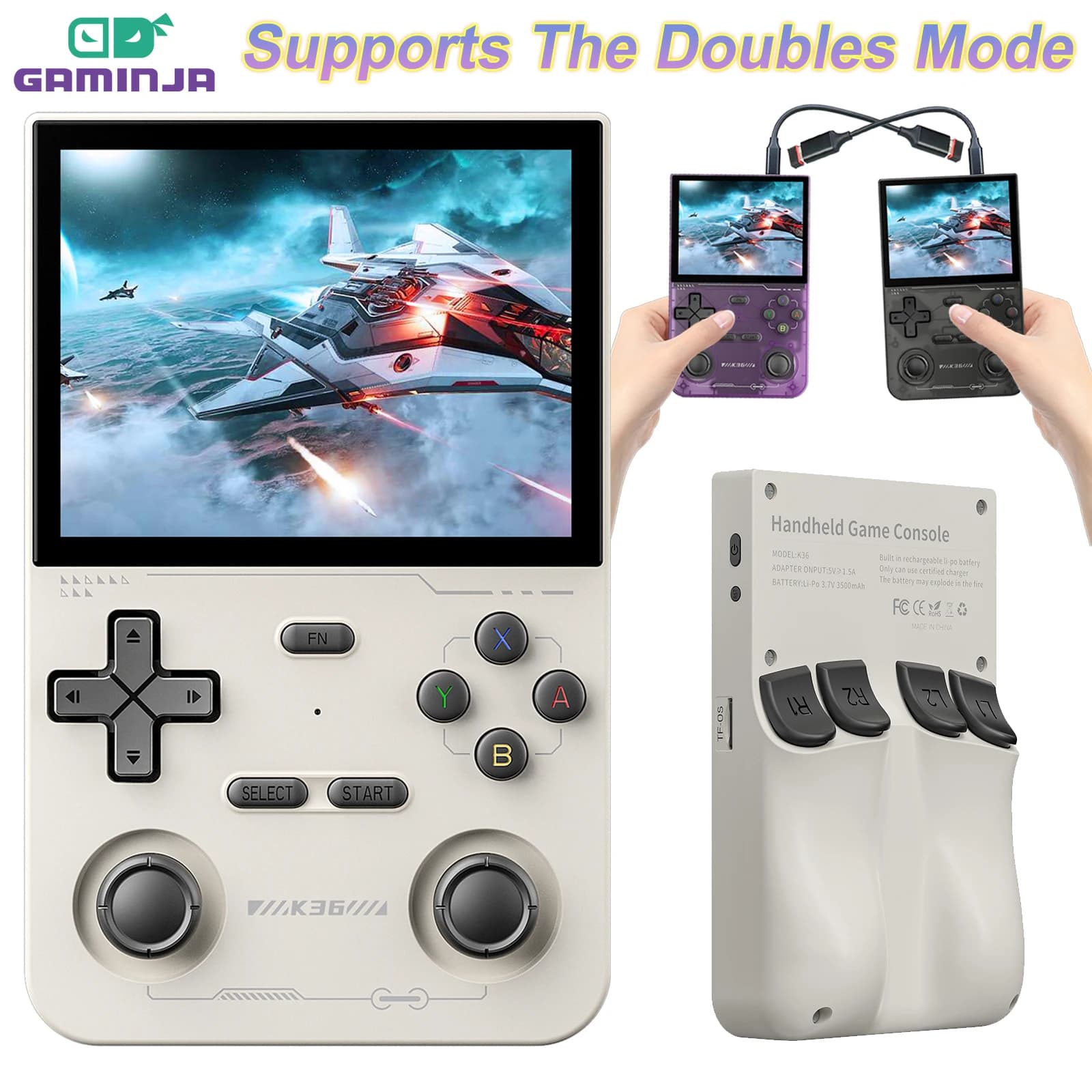 GAMINJA K36 Portable Game Console 3.5 Inch IPS Screen 640x480 Built-in 64 GB Card Support Two Games Console Play Together Online