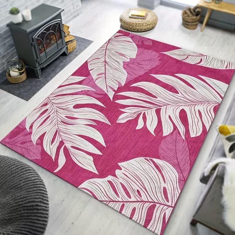 Hot Pink Background White Monstera Leaf Area Rug Non Slip Floor Mat Tropical Palm Foliage Print Soft Carpet Living Room Decor