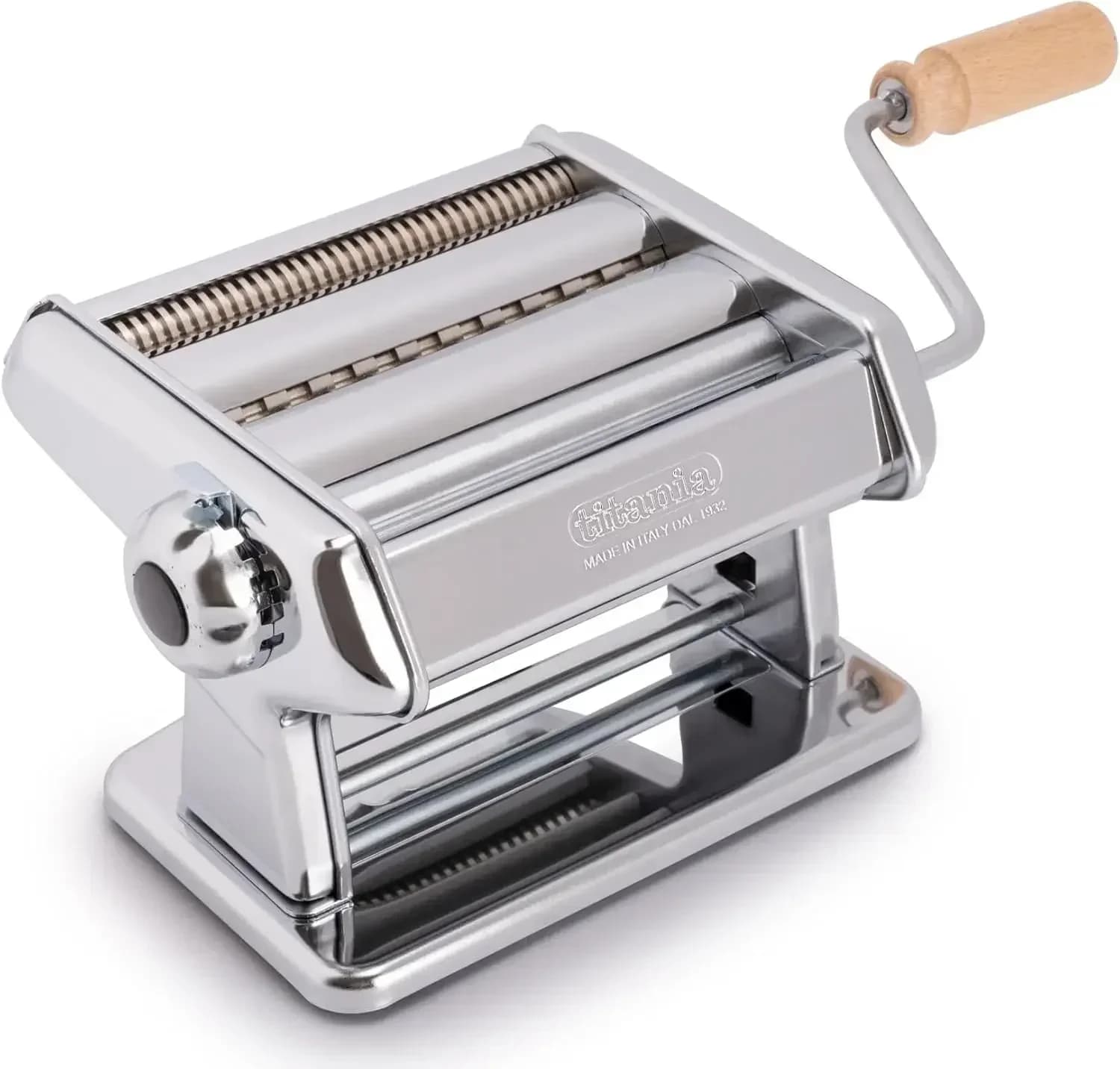 Titania Pasta Maker- Machine is 100% Made in Italy- Heavy Duty Steel Construction, Manual Roller with Wooden Handle- Cutter for