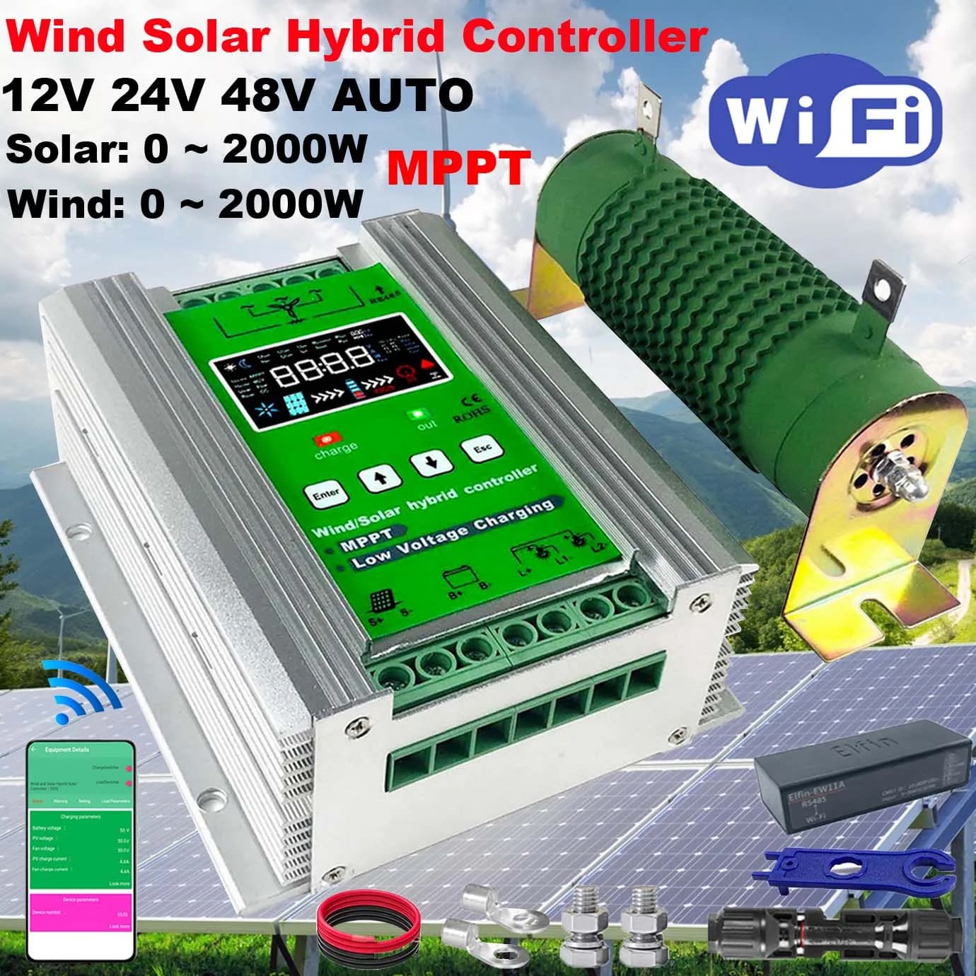 Regolatore Ibrido MPPT 6000W 12V 24V 48V Caricabatterie Automatico per Generatore Eolico Pannello Solare con Sistema Ibrido a Carico di Scarico per Uso Domestico