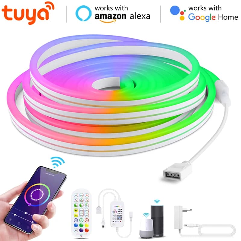 5M 3M 2M 1M Tuya Smart Life RGB LED Neon Light 12V WiFi LED Strip Neon Sign Tape Decorazione Lampada Alexa Google Home con telecomando