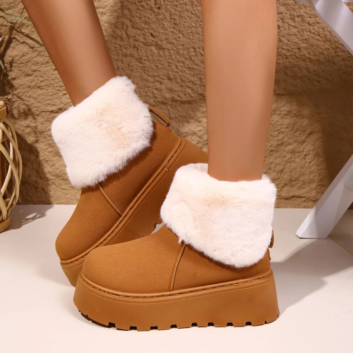 Stivali da Neve Corti da Donna, Foderati in Peluche, Caldi e Morbidi, con Suola Spessa e Piattaforma, Stile Coreano alla Moda, Punta Rotonda, per Autunno e Inverno
