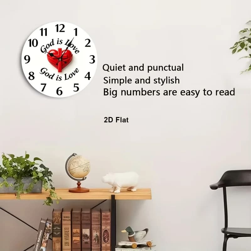 1pc 1pcs Heart Cross God Is Love Religious Nursery Wall Clock - Silent Non-Ticking Round Clock Suitable for Home, Nursery, Kitchen, Office, Battery Operated (AA Required Not Included) with Wood Frame, Gift, 2D Flat