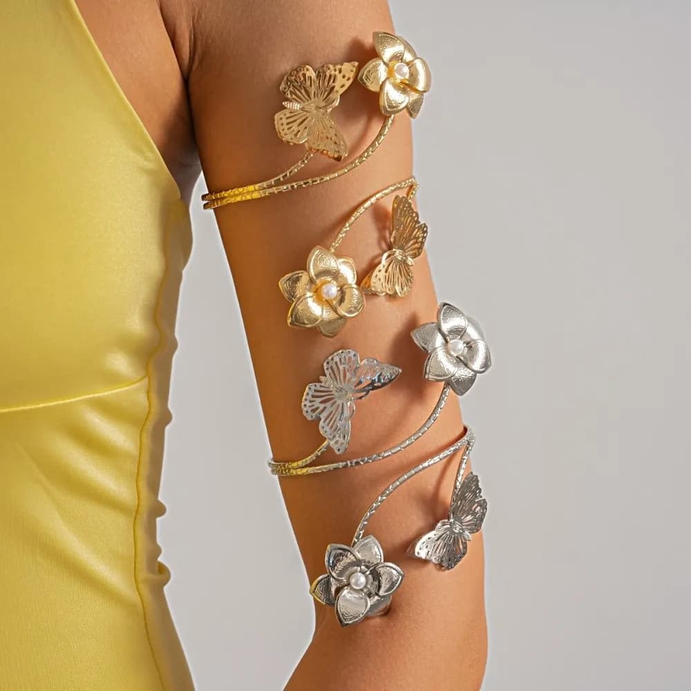 Simple Iron Flower Butterfly Arm Cuff Pearl Wrist Accessory Wide Open Arm Cuff Twist Line Arm Chain Bohemian Bracelet Summer