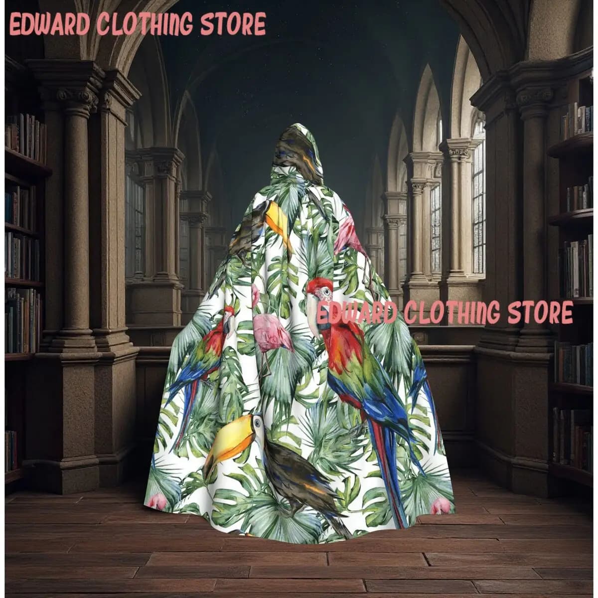 Parrot Tropical Jungle Pattern Long Hooded Cloak Witch Medieval Costume Cosplay Cape HalloweenParty Adult Unisex