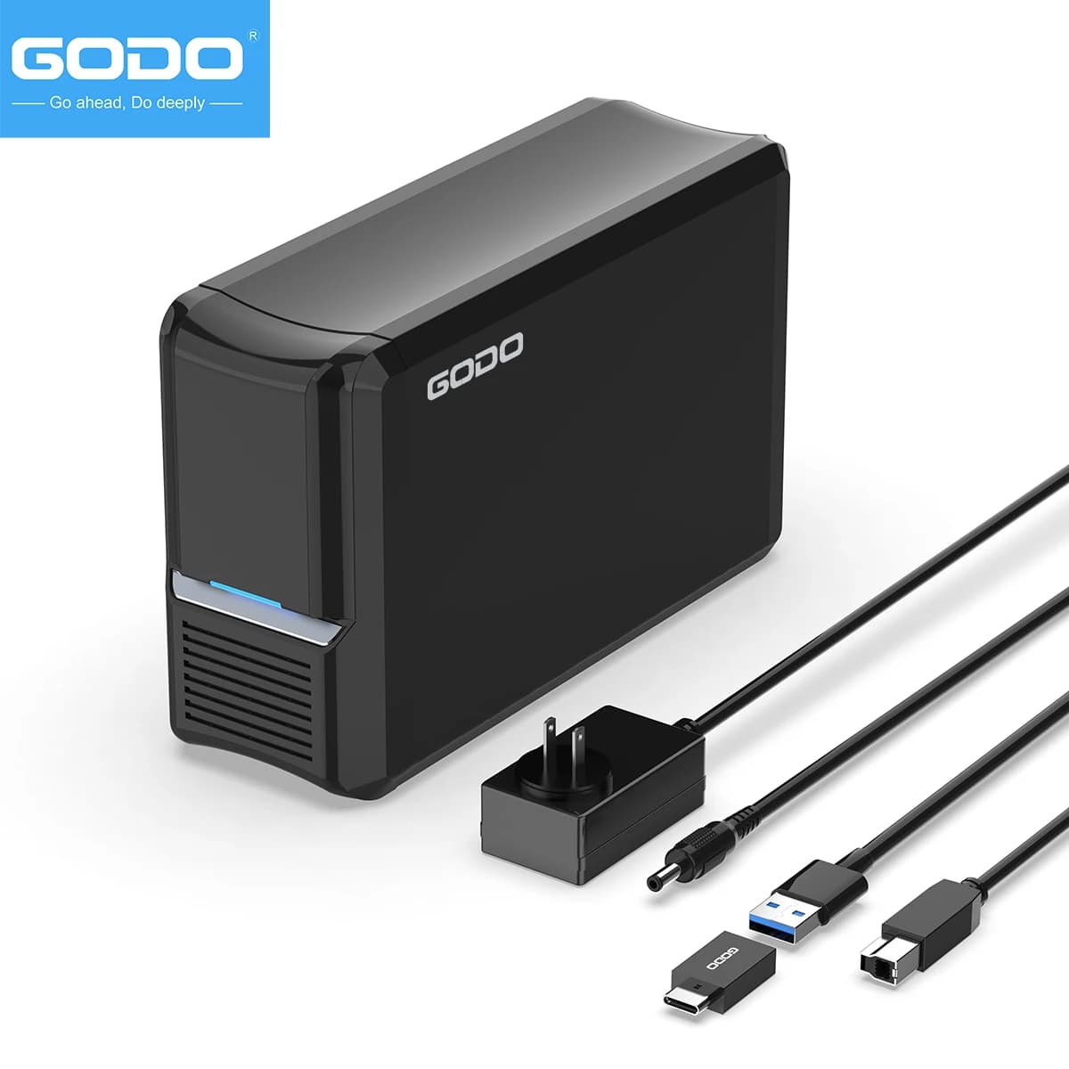 GODO USB 3.0 Dual-Bay Enclosure for 3.5" SATA HDD SSD 4RAID Function Case with Fan Support 60TB MAX External Storage