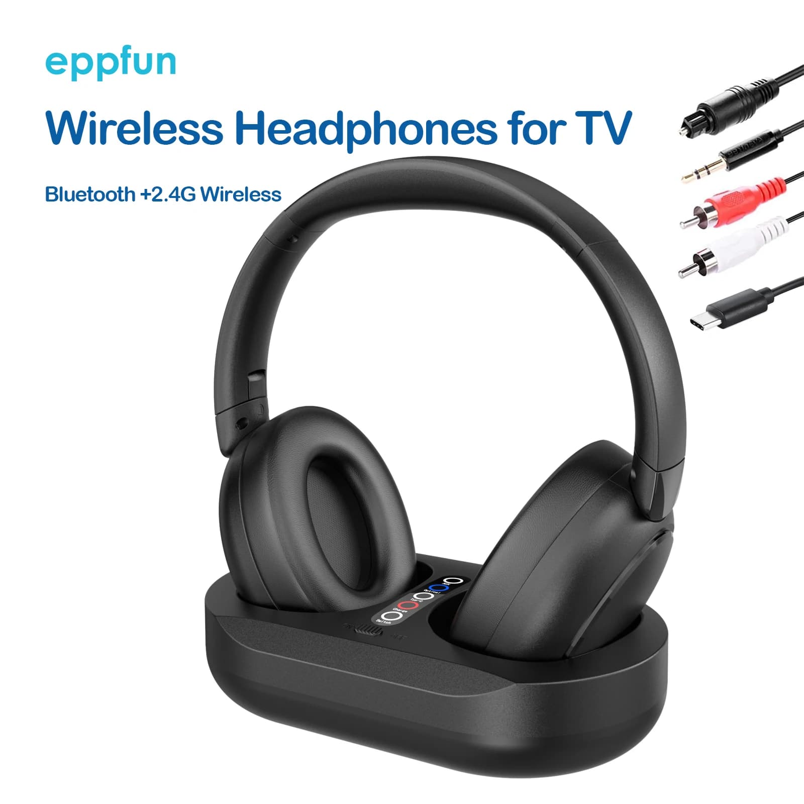 eppfun Cuffie wireless Bluetooth + 2.4G per la visione della TV, base di ricarica del trasmettitore TV con RCA ottico, ingresso ausiliario